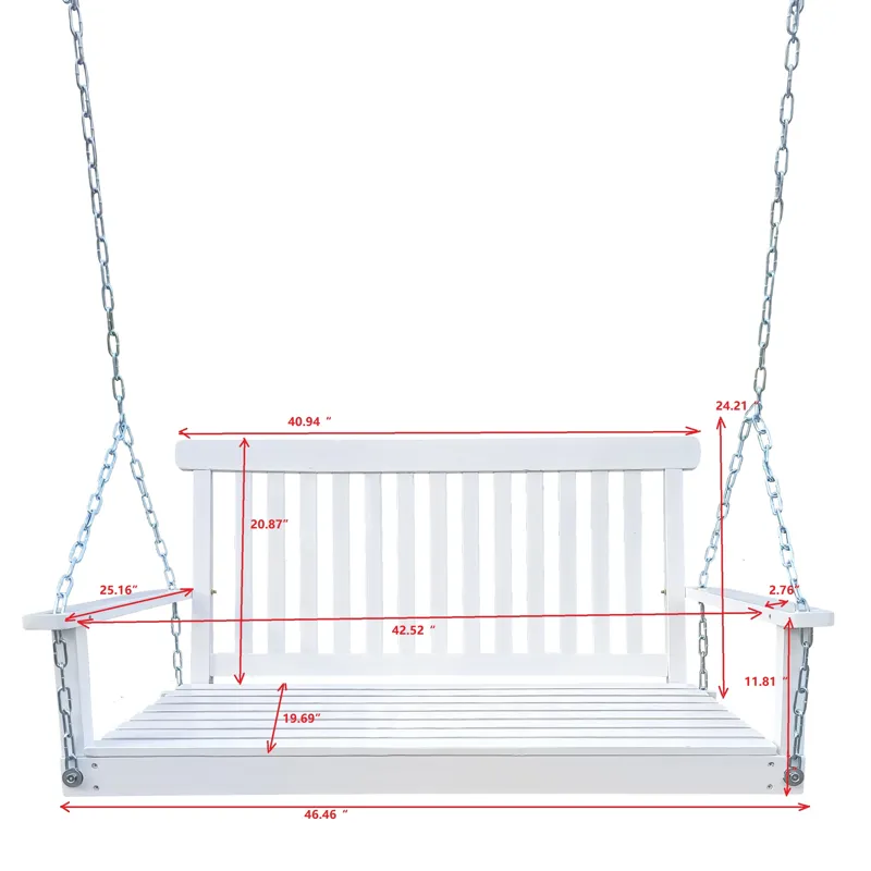 Front Porch Swing With Armrests For Outdoor Patio, Garden Yard, Backyard Or Sunroom - White