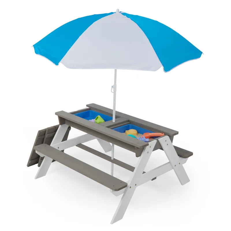 3-In-1 Kids Outdoor Wooden Picnic Table With Umbrella, Convertible Sand & Water, ASTM & CPSIA Certif