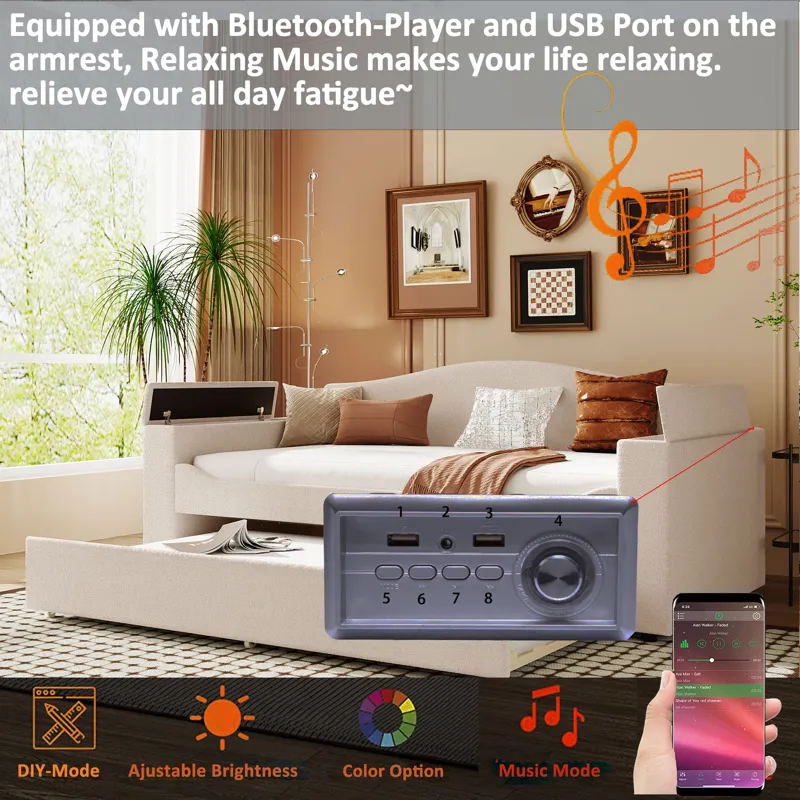 Twin Size Upholstered Daybed With Storage Armrests, Trundle And Latest Integrated Bluetooth Audio Sy