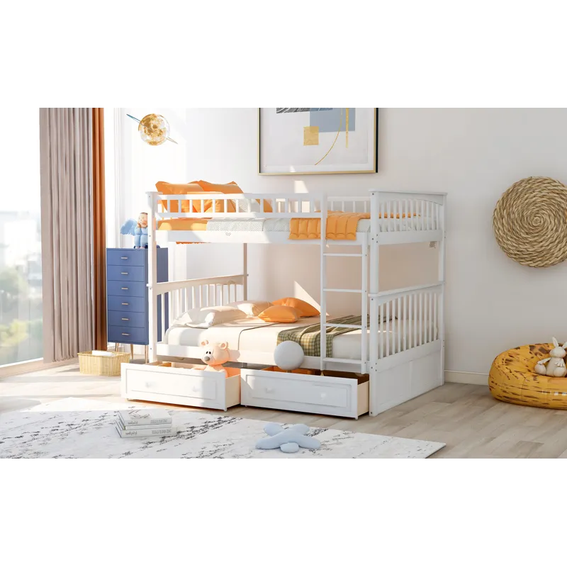 Full Over Full Bunk Bed With Drawers, Convertible Beds - White