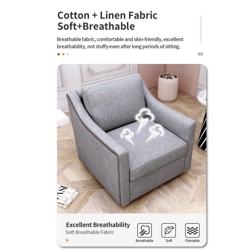 360 Degree Swivel Armchair Cotton Linen Skin-Friendly Fabric Ergonomic Design Brass Nail Decorative 