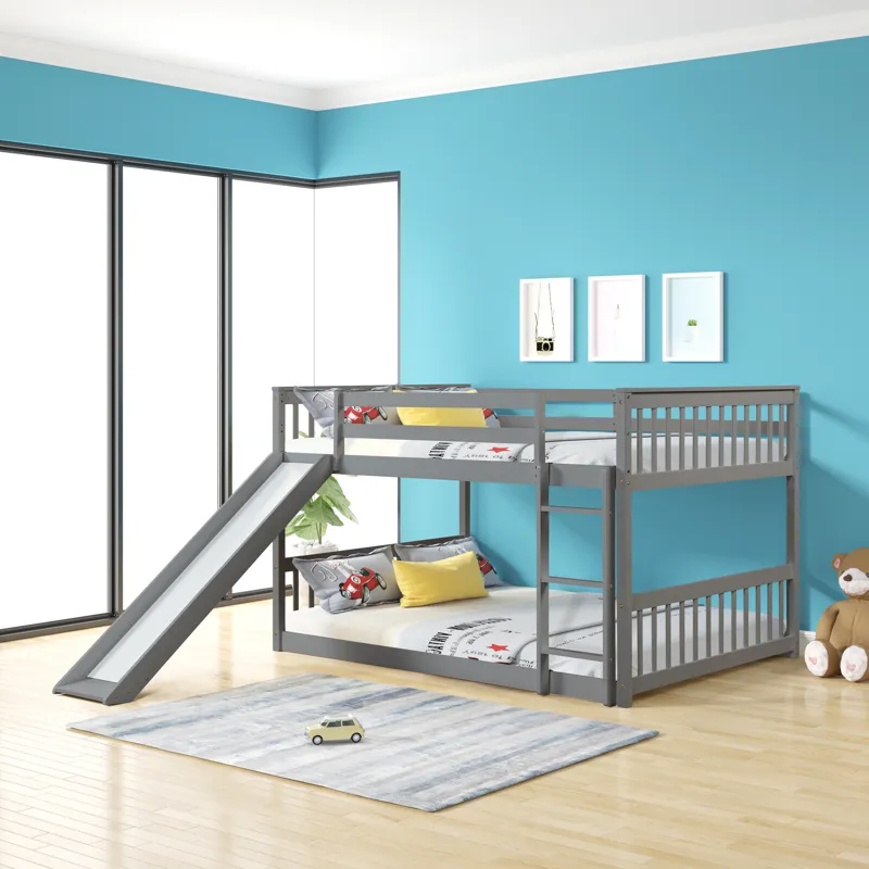 Full Over Full Bunk Bed With Slide And Ladder - Gray