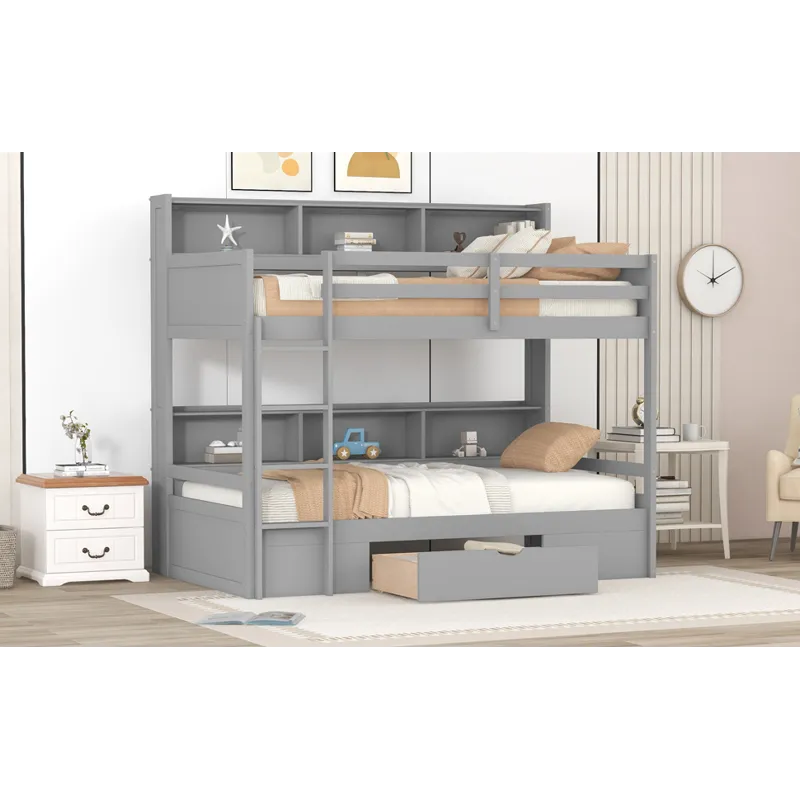 Twin Size Bunk Bed With Built-In Shelves Beside Both Upper And Down Bed And Storage Drawer - Gray