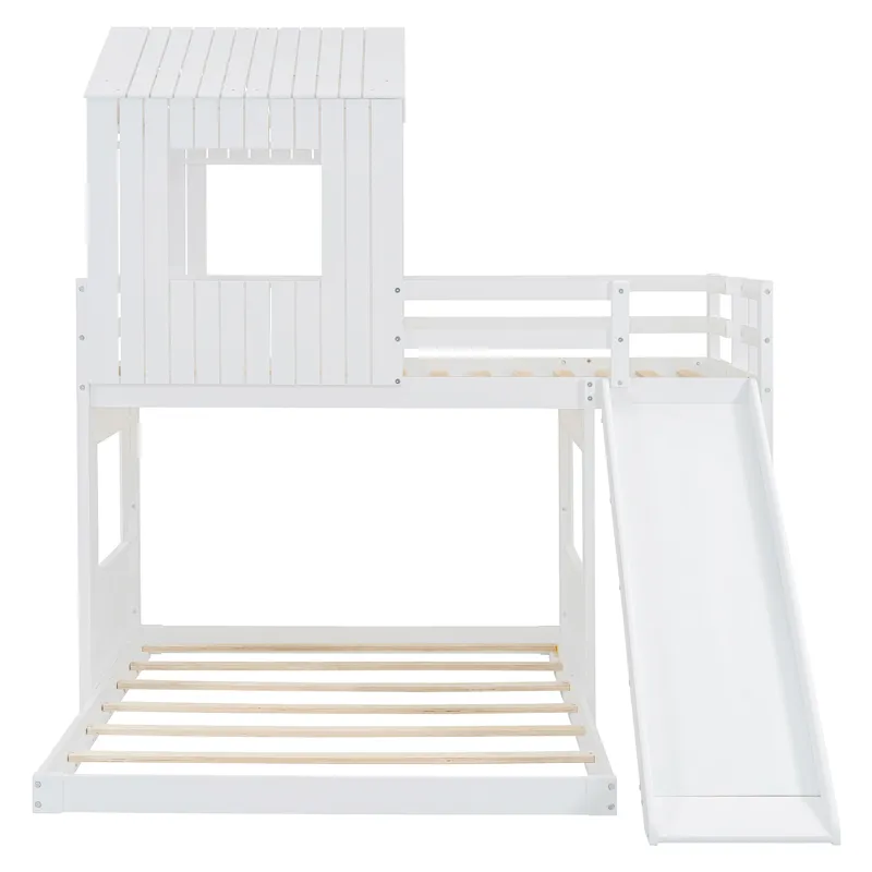 Wooden Twin Over Full Bunk Bed, Loft Bed With Playhouse, Farmhouse, Ladder, Slide And Guardrails - W