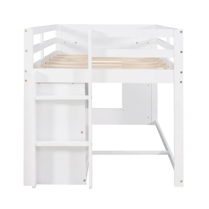 Twin Size Loft Bed With Cabinet And Shelf - White
