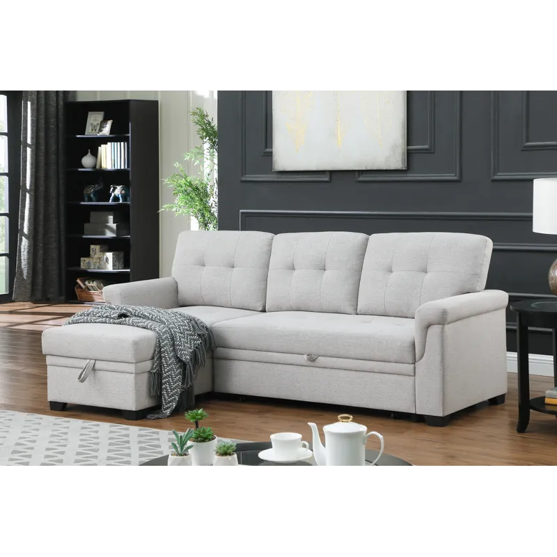 Lucca - Linen Reversible Sleeper Sectional Sofa With Storage Chaise - Light Gray