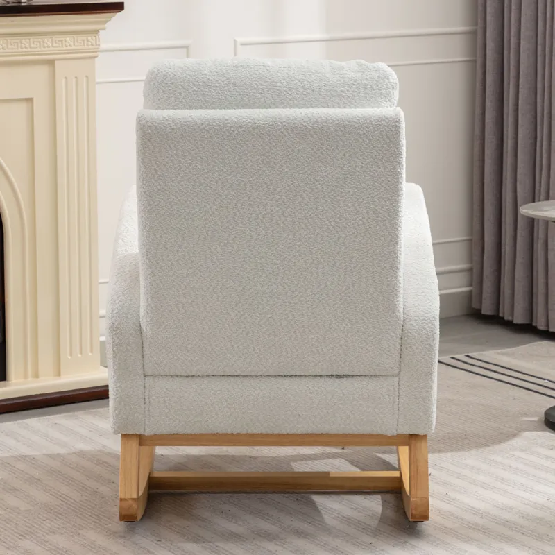 Accent Rocking Chair With Footrest High Back Rubber Wood Rocking Legs Bedroom Living Space - White