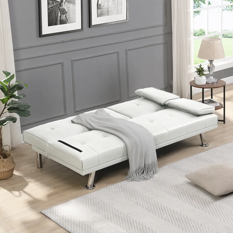 Futon Sofa Bed With Armrest Two Holders - White
