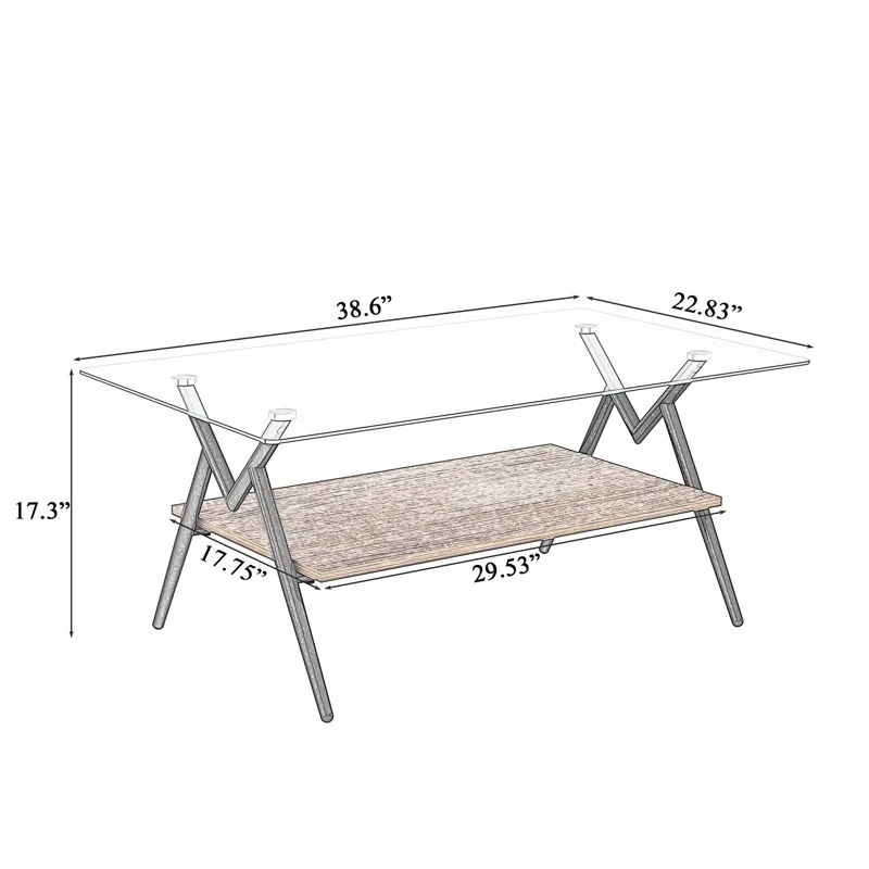 Rectangle Coffee Table With Tempered Glass Top And Metal Legs, Modern Table For Living Room, Transpa