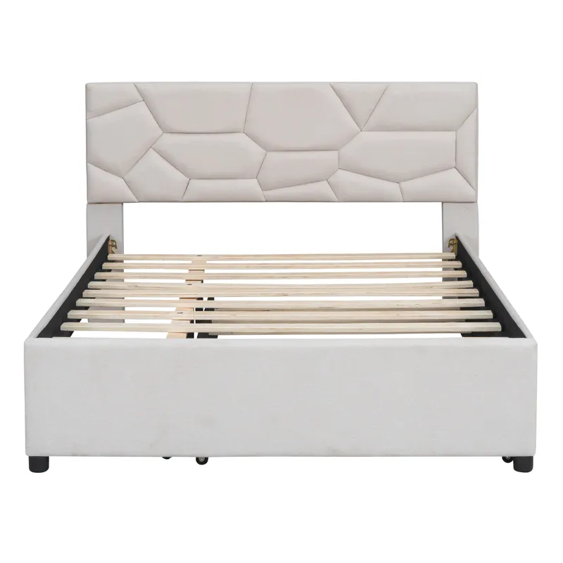 Full Size Upholstered Platform Bed With Brick Pattern Headboard And Twin Size Trundle, Linen - Beige