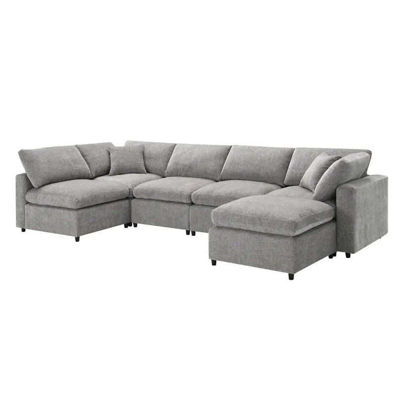 Modern Modular Cloud Sofa Bed, 6 Seat Chenille Sectional Couch Set With Ottoman, Free Combination, C