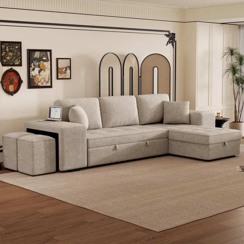 Modern L-Shape 3 Seat Reversible Sectional Couch, Pull Out Sleeper Sofa With Storage Chaise And 2 St