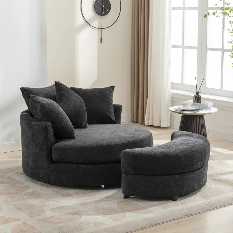 360° Swivel Accent Barrel Chair With Storage Ottoman & 4 Pillows, Modern Chenille Leisure Chair Roun