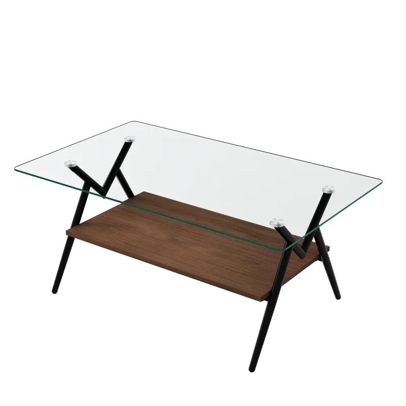 Rectangle Coffee Table With Tempered Glass Top And Metal Legs, Modern Table For Living Room, Transpa