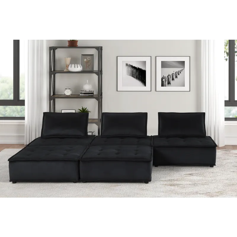 Anna - Velvet 5 Piece Sectional Sofa Ottoman - Black