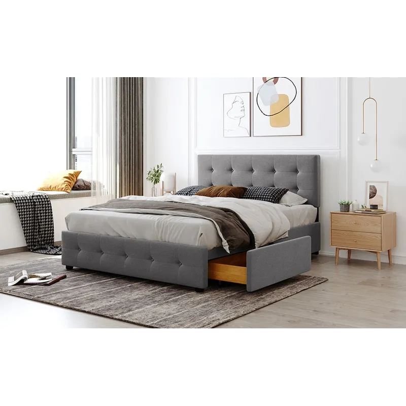 Queen Size Upholstered Platform Bed With Classic Headboard And 4 Drawers, No Box Spring Needed - Lig
