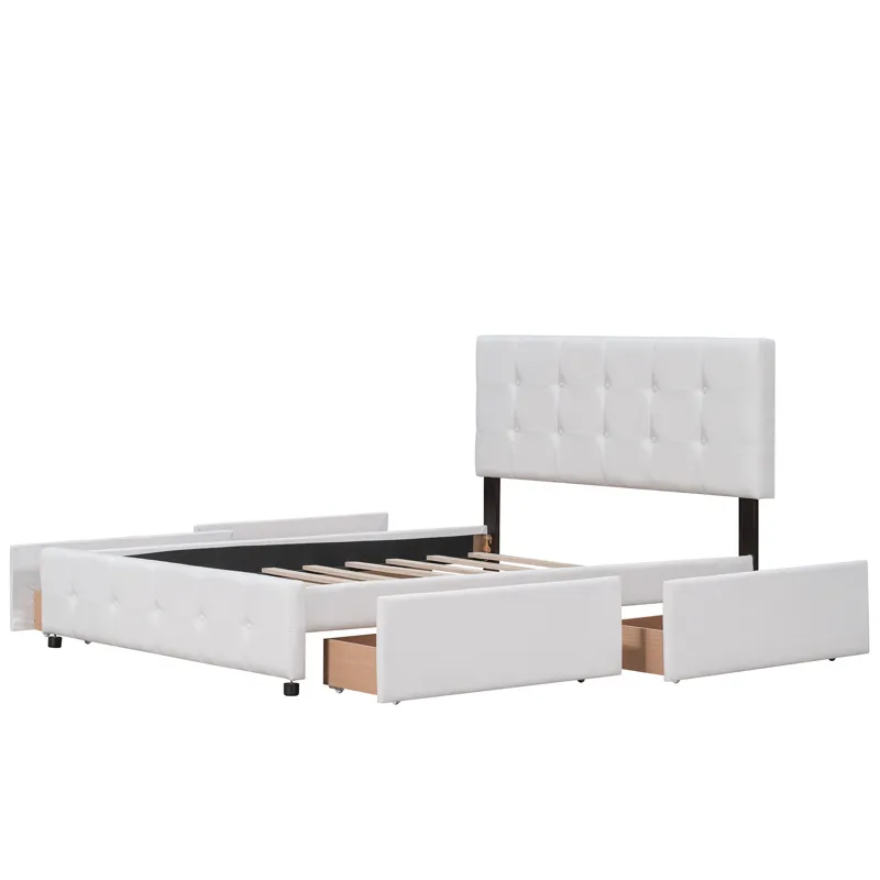 Queen Size Upholstered Platform Bed With Classic Headboard And 4 Drawers, No Box Spring Needed - Whi