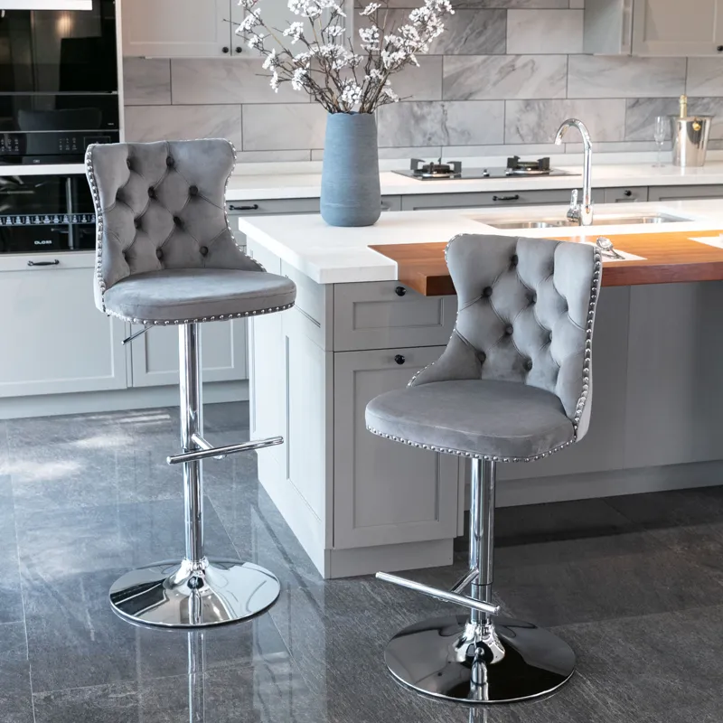 Swivel Velvet Barstools Adjusatble Seat Height From 25-33\", Modern Upholstered Chrome Base Bar Stoo