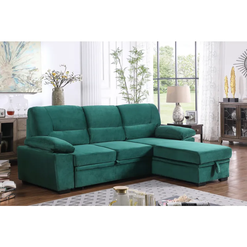 Kipling - Velvet Fabric Reversible Sleeper Sectional Sofa Chaise - Green