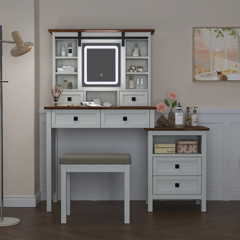 Farmhouse Makeup Vanity Desk With Adjustible LED Lighted Mirror And Charging Station For Bedroom, Dr