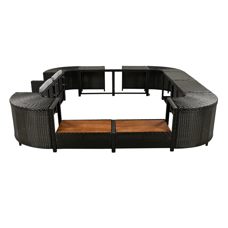 Spa Surround Spa Frame Quadrilateral Outdoor Rattan Sectional Sofa Set With Mini Sofa, Wooden Seats 