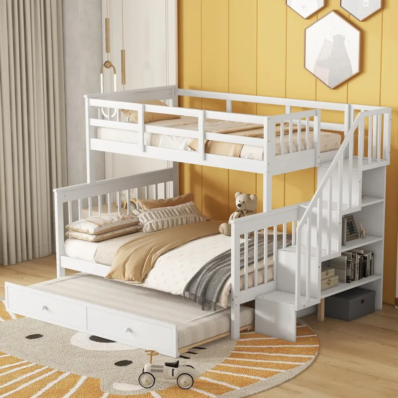Twin Over Full Bunk Bed With Twin Size Trundle, Storage And Guard Rail For Bedroom, Dorm, For Adults