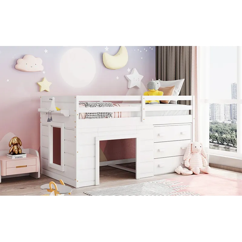 Twin Size Loft Bed With Cabinet And Shelf - White
