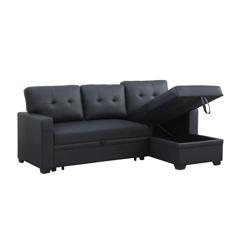 Upholstered Pull Out Sectional Sofa With Chaise - Black