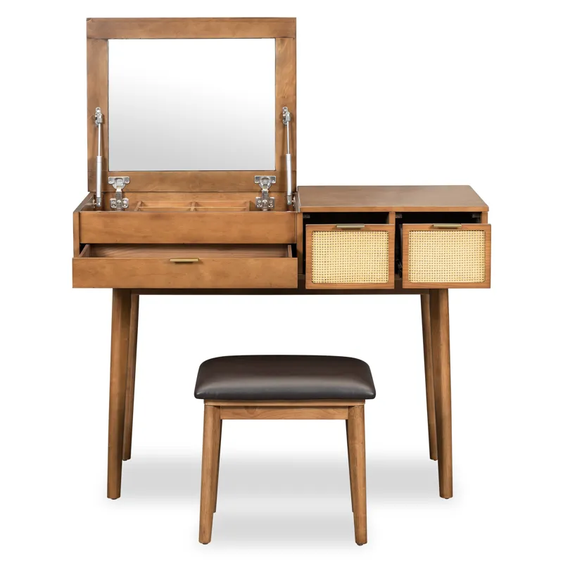Classic Wood Makeup Vanity Set With Flip-Top Mirror And Stool, Dressing Table With Three Drawers And