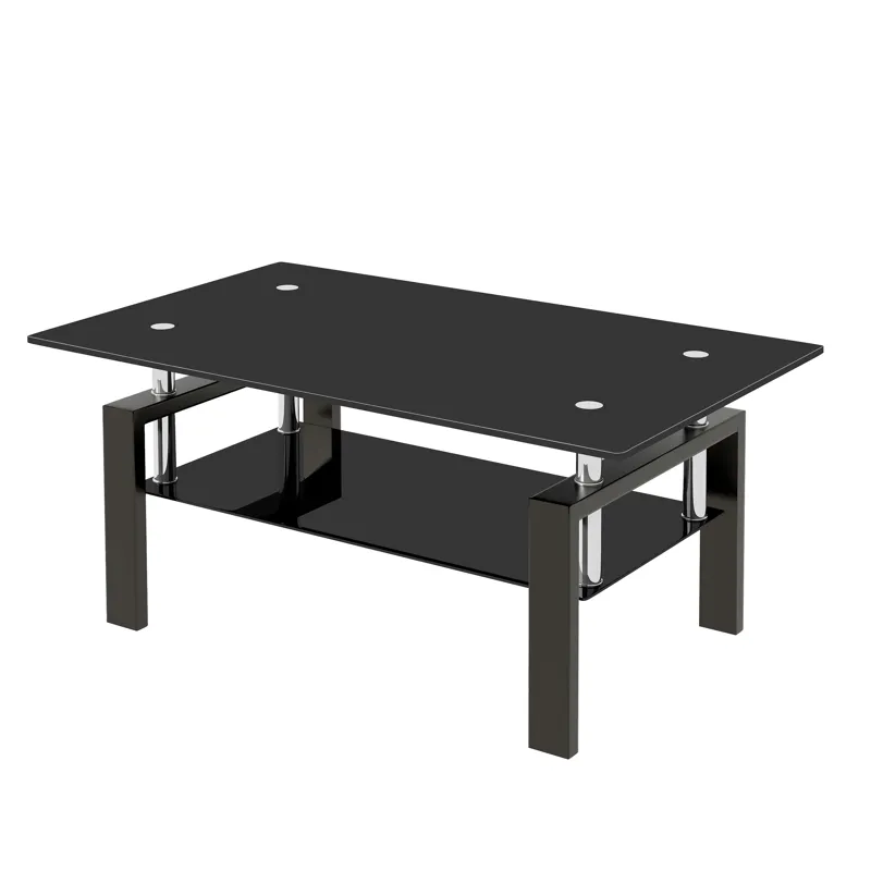 Tempered Black Glass Coffee Table, 2-Layers Tea Table - Black