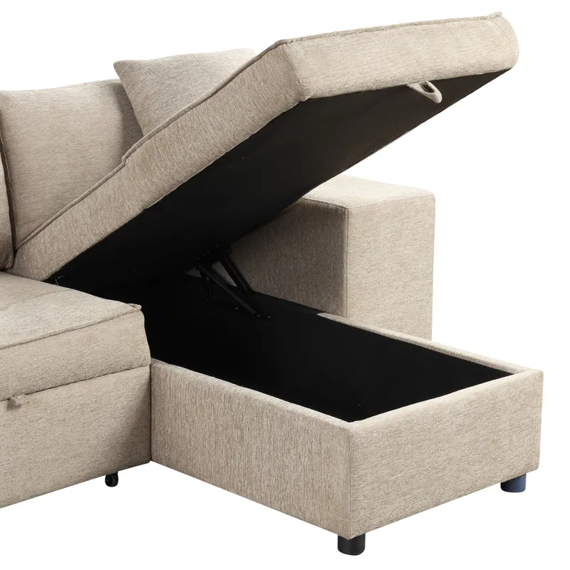 Modern L-Shape 3 Seat Reversible Sectional Couch, Pull Out Sleeper Sofa With Storage Chaise And 2 St
