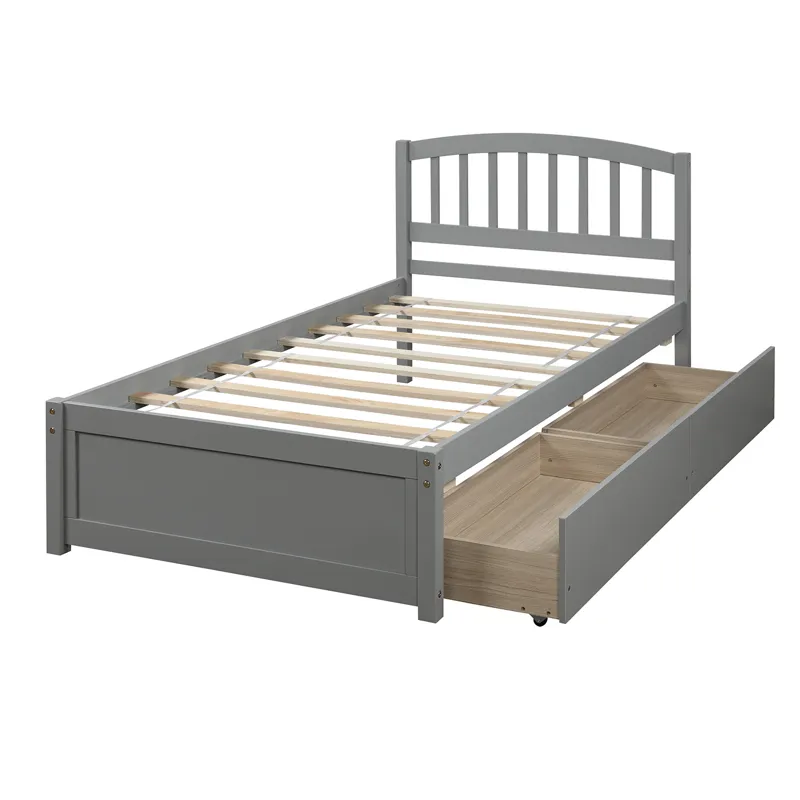 Twin Platform Storage Bed Wood Bed Frame With Two Drawers And Headboard - Gray