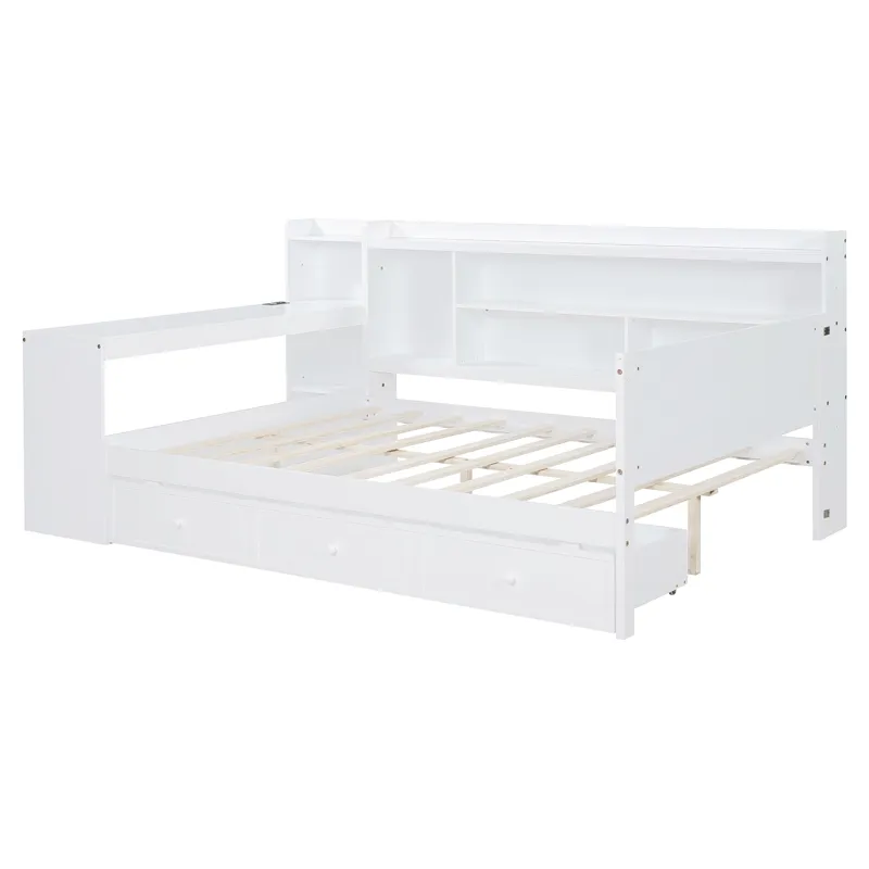 Full Size Wooden Daybed With 3 Drawers, USB Ports And Desk - White