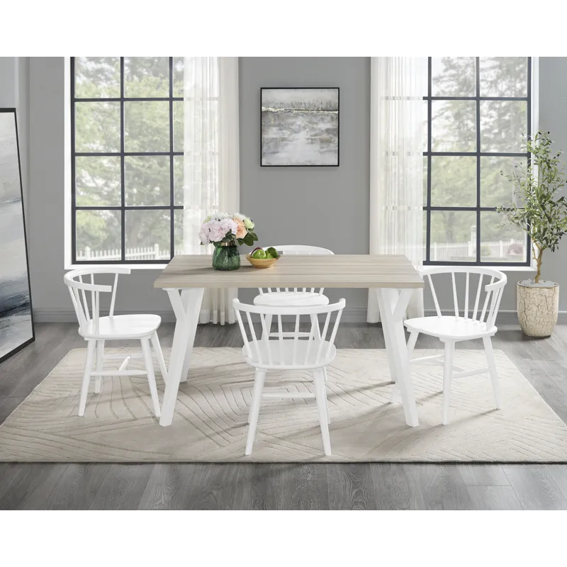 Roundhill - 5 Piece Dining Set, Dining Table With 4 Windsor Chairs - Brown / Antique White