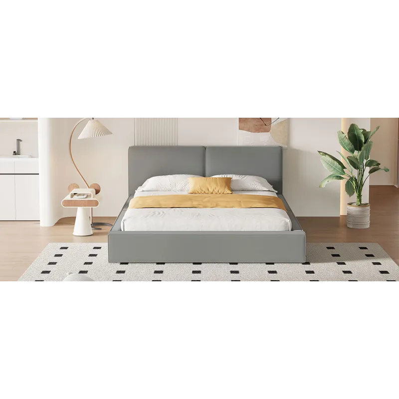 Queen Size Upholstered Platform Bed With , Grounded Bed With Solid Frame - Gray