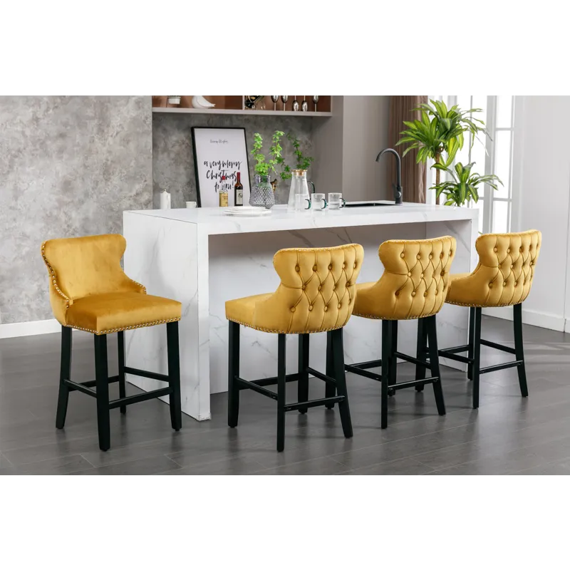 Contemporary Velvet Upholstered Wing-Back Barstools With Button Tufted Decoration And Wooden Legs, A