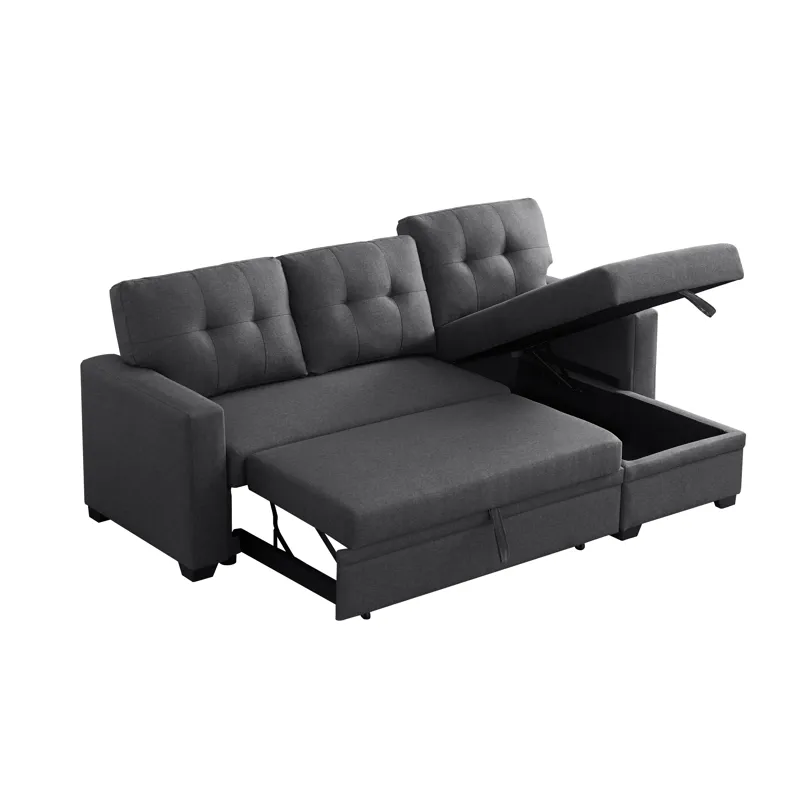 Upholstered Pull Out Sectional Sofa With Chaise - Dark Gray