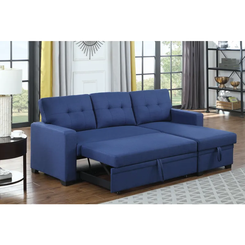 Upholstered Pull Out Sectional Sofa With Chaise - Blue