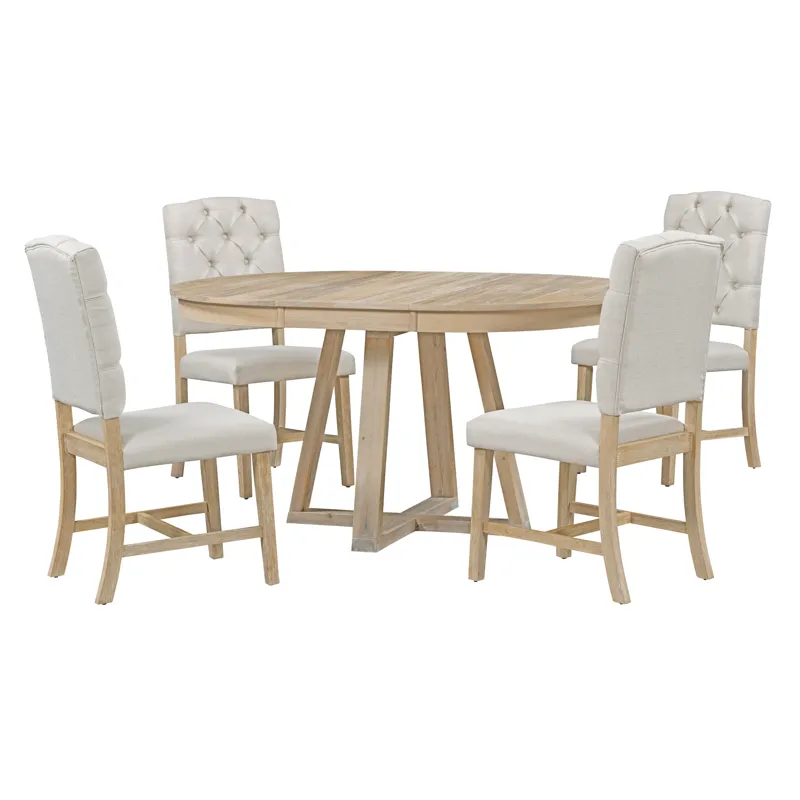5 Piece Retro Functional Dining Set, Round Table With Leaf And 4 Upholstered Chairs For Dining Room 