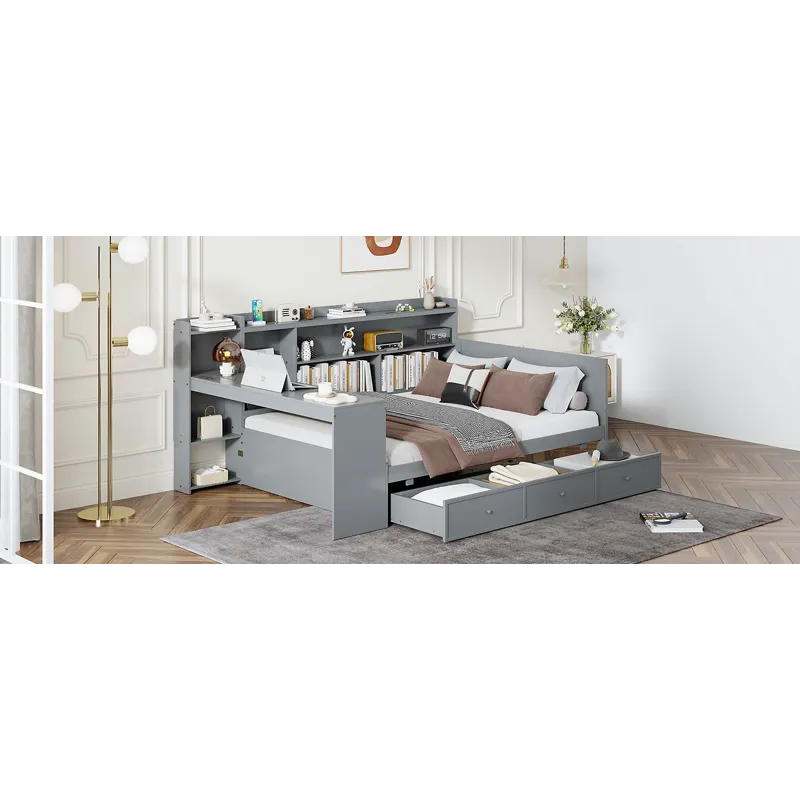 Full Size Wooden Daybed With 3 Drawers, USB Ports And Desk - Gray