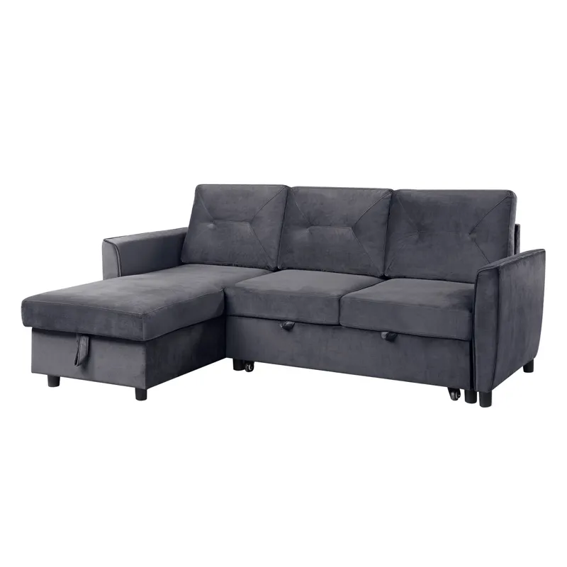 Hudson - Velvet Reversible Sleeper Sectional Sofa With Storage Chaise - Dark Gray