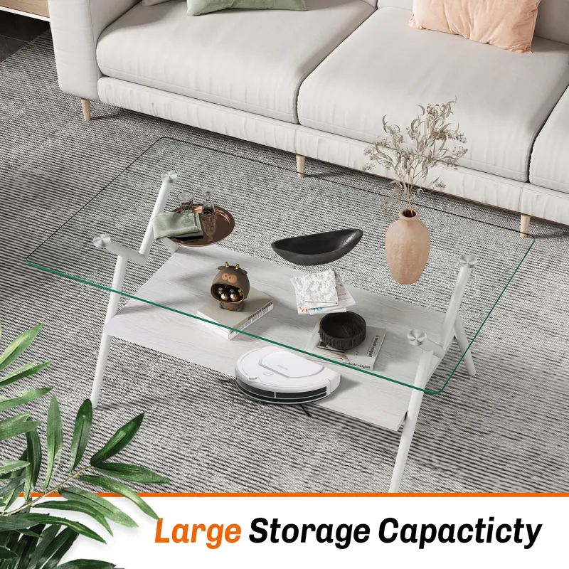 Rectangle Coffee Table With Tempered Glass Top And Metal Legs, Modern Table For Living Room - Transp