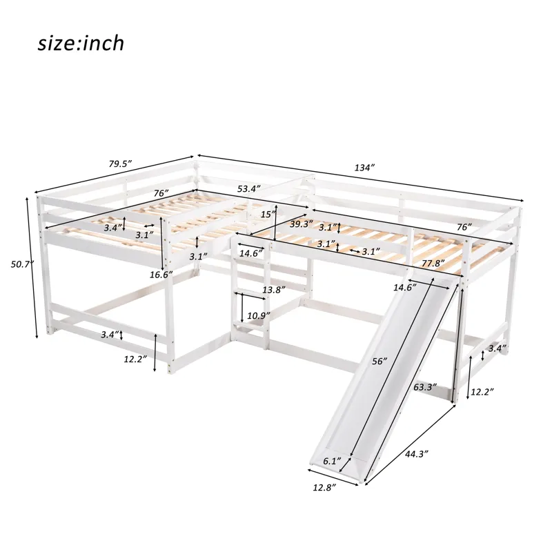 Full And Twin Size L-Shaped Bunk Bed With Slide And Short Ladder - White