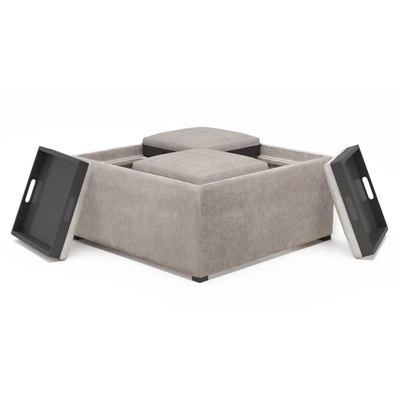 Avalon - Square Coffee Table Storage Ottoman - Distressed Grey Taupe
