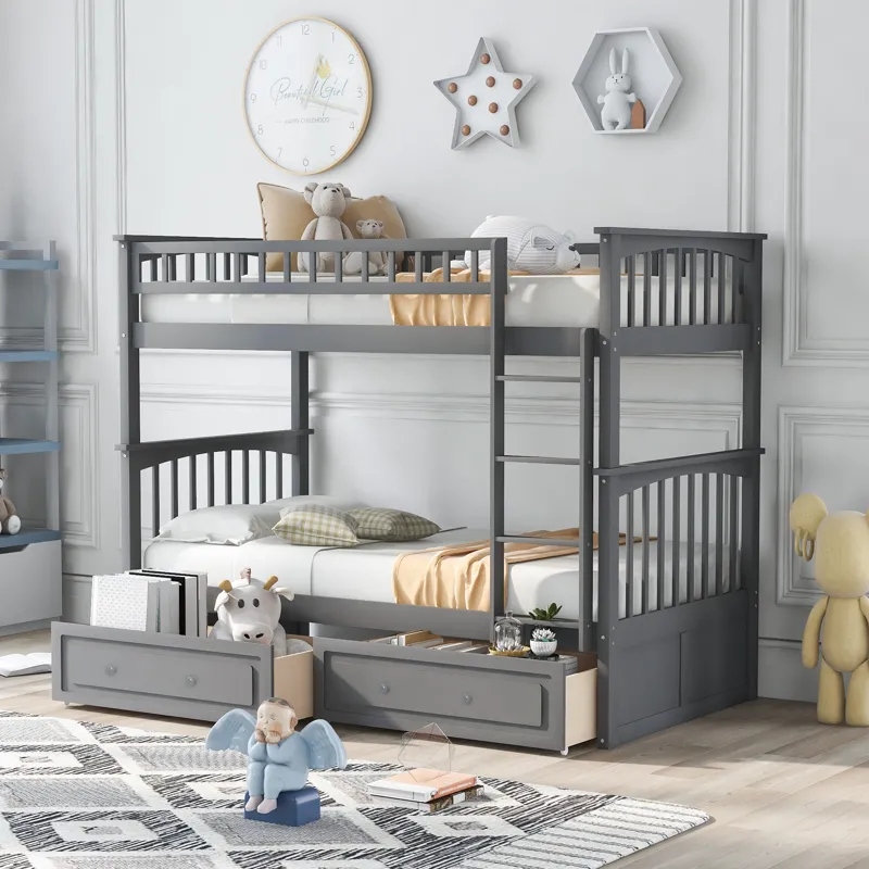 Twin Over Twin Bunk Bed With Drawers, Convertible Beds - Gray