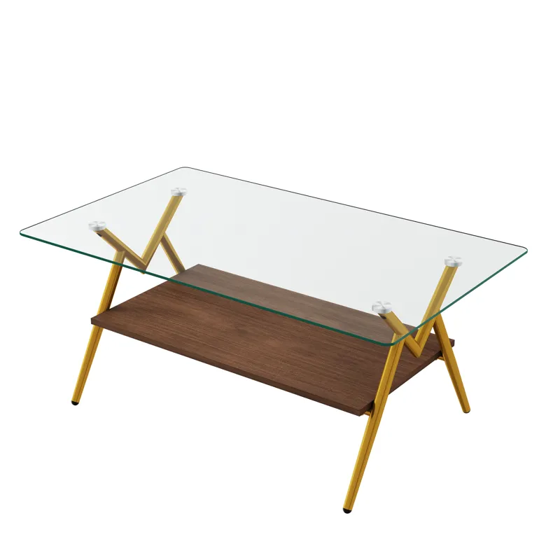 Rectangle Coffee Table With Tempered Glass Top And Golden Metal Legs, Modern Table For Living Room, 