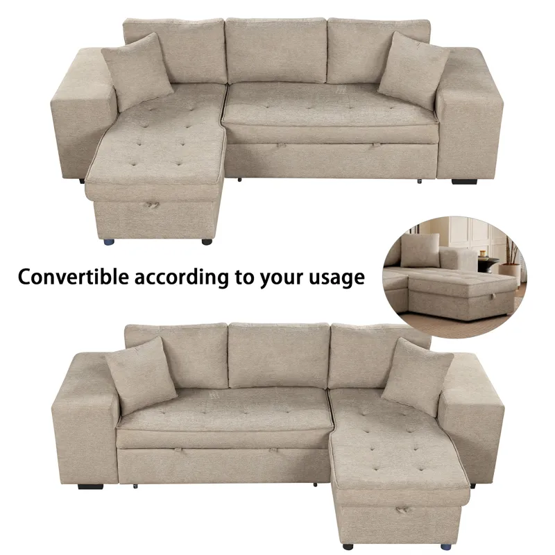 Modern L-Shape 3 Seat Reversible Sectional Couch, Pull Out Sleeper Sofa With Storage Chaise And 2 St