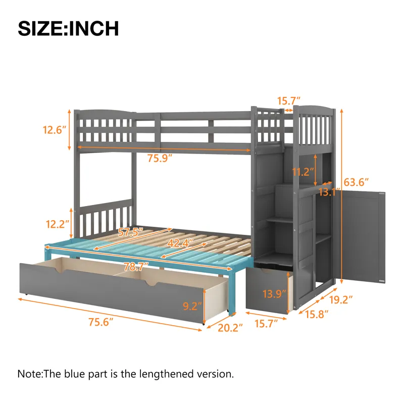 Twin Over Full / Twin Bunk Bed, Convertible Bottom Bed, Storage Shelves And Drawers - Gray