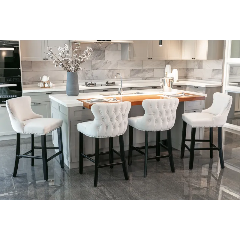 Contemporary Velvet Upholstered Wing-Back Barstools With Button Tufted Decoration And Wooden Legs, A