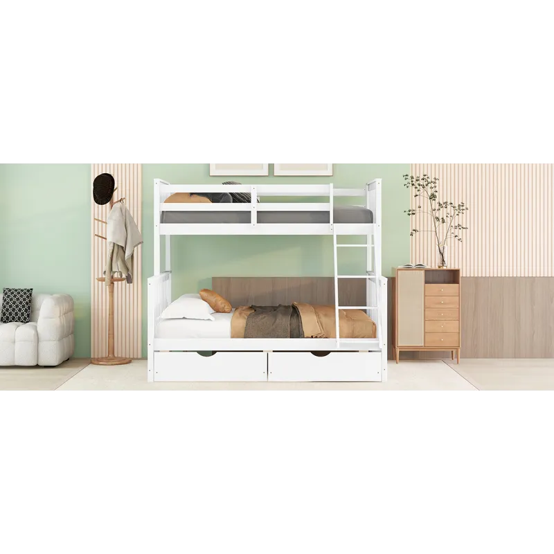 Twin Over Full Bunk Bed With Ladders And Two Storage Drawers - White